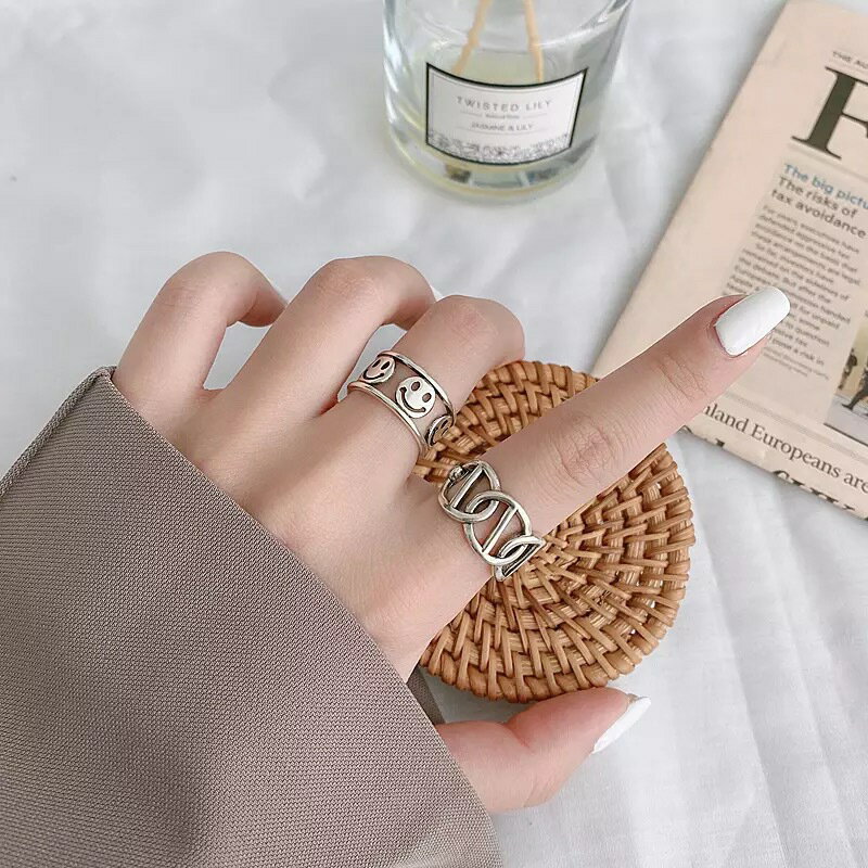 韓國飾品鏈條戒指女ins潮時尚個性笑臉食指指環可調節戒指禮物酷
