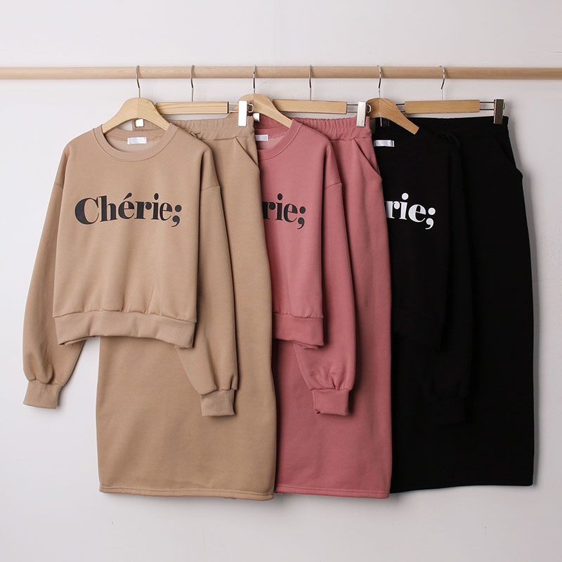 ANNAS 正韓字母刷毛長裙套裝 加絨棉質長袖上衣 刷毛長裙 韓國休閒套裝 2