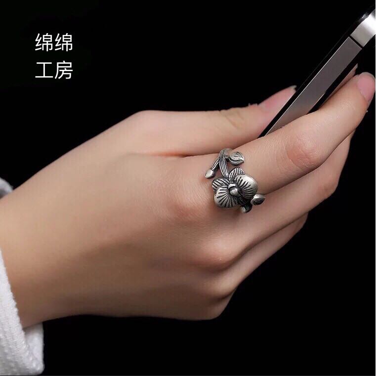 S999足銀花開富貴蝴蝶蘭花純銀戒指復古做舊開口女士個性大氣