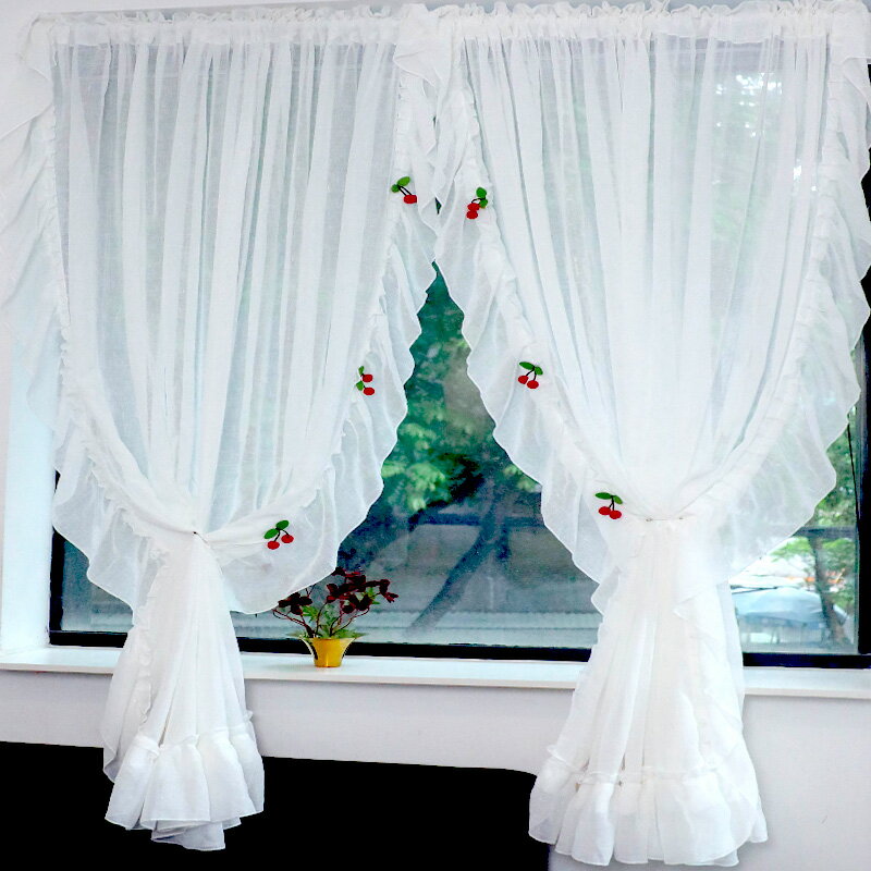 韓式可愛免打孔窗紗棉感柔軟純色臥室成品窗簾飄窗魔術貼定制紗簾