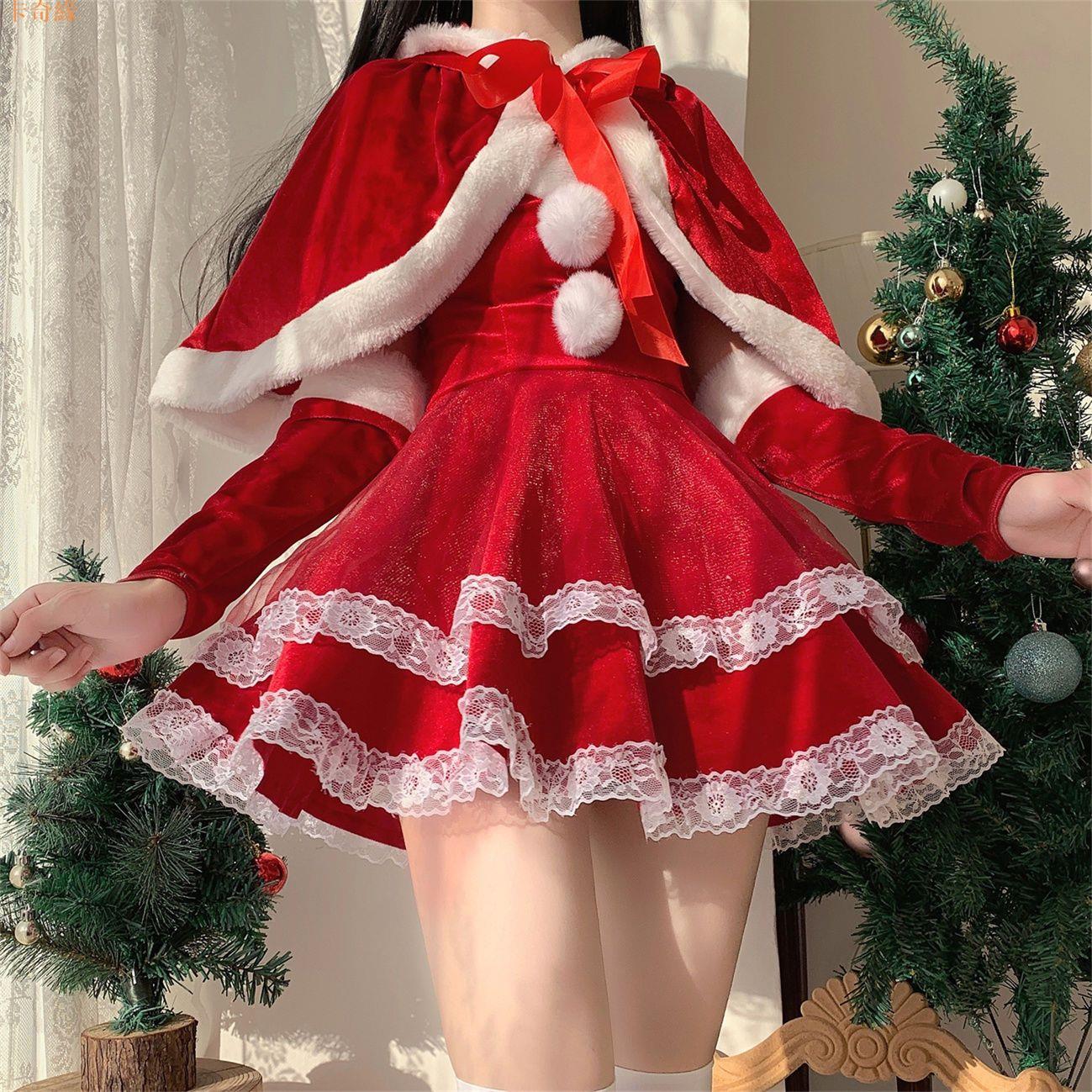 2022年新款秋冬季圣誕節紅色辣妹性感袖套抹胸蛋糕裙子連衣裙女裝