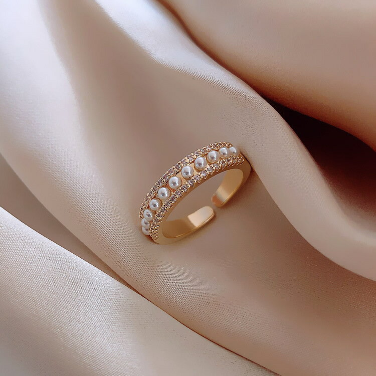 真金保色電鍍韓國鑲鉆珍珠戒指女開口戒食指指環潮簡約冷淡風