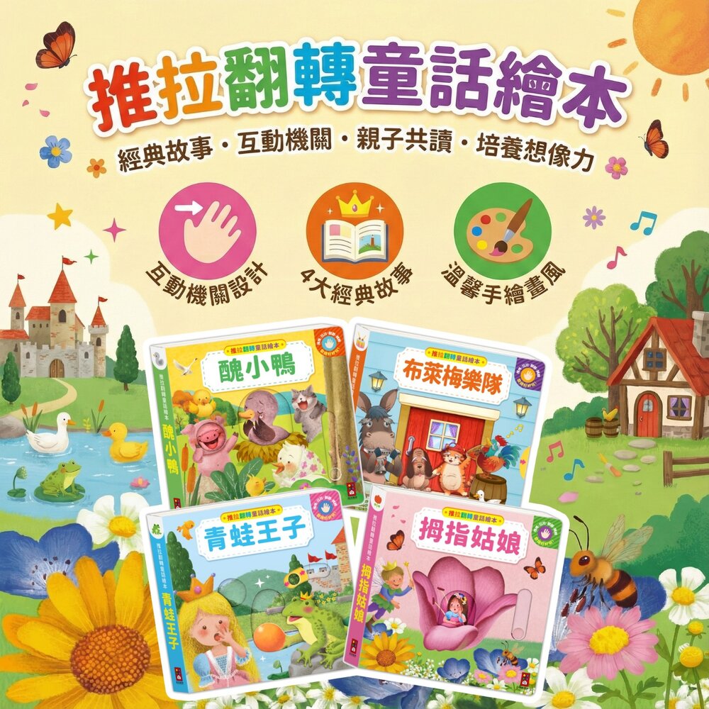 媽媽買 推拉翻轉童話繪本 4 款任選 風車圖書 拇指姑娘 青蛙王子 醜小鴨 布萊梅樂隊 互動機關書 3 歲以上 0