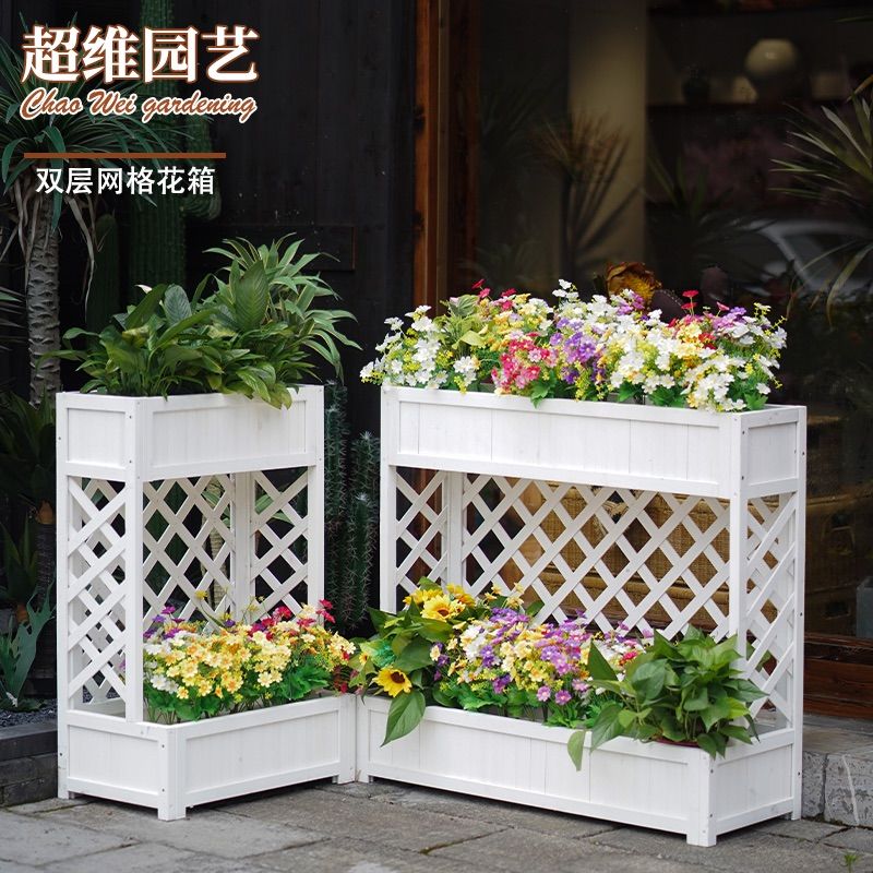 防腐木花盆戶外陽臺實木網格花架隔斷庭院花園柵欄室外家用種植箱J-22公司貨