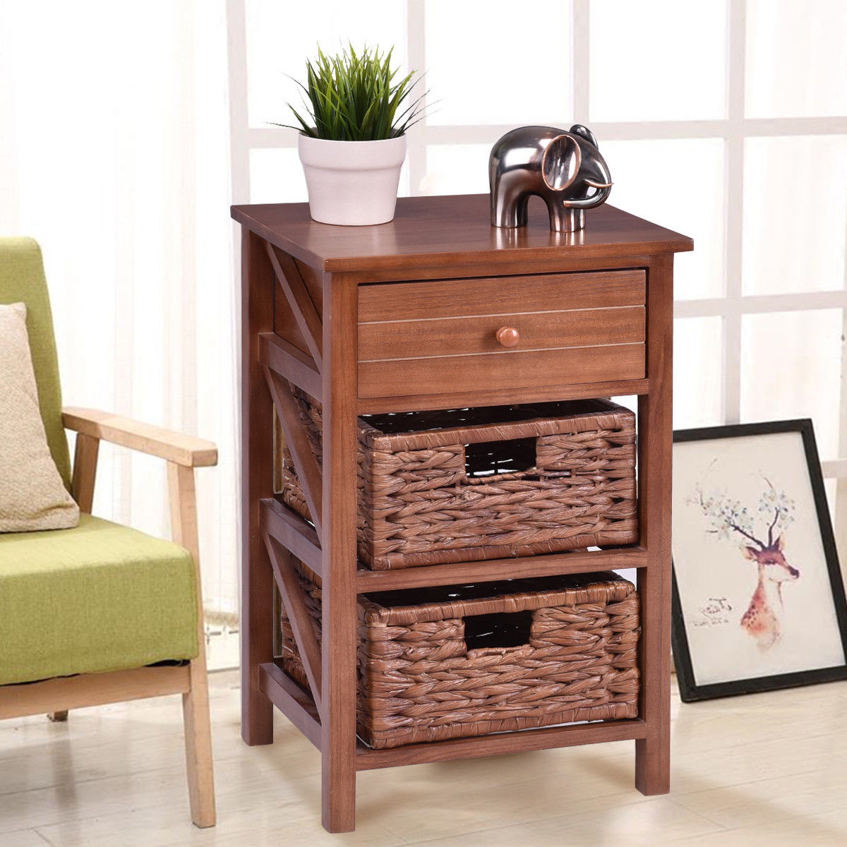 Costway: Costway 2 PCS 3 Tier Wood Nightstand 1Drawer 2 Basket Bedside