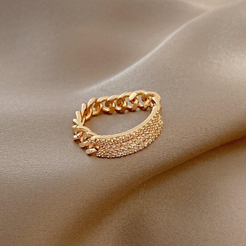 鋯石寬面鏈條戒指女ins潮小眾設計輕奢食指戒時尚個性復古指環