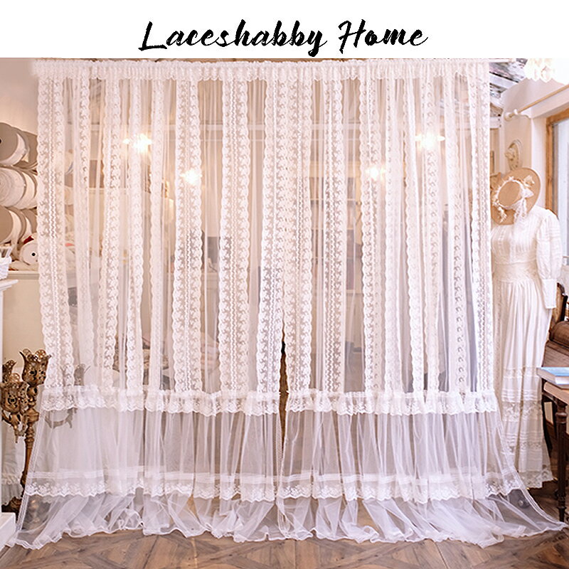 LACESHABBY新款法式復古風格繡花蕾絲荷葉邊白色窗紗窗簾