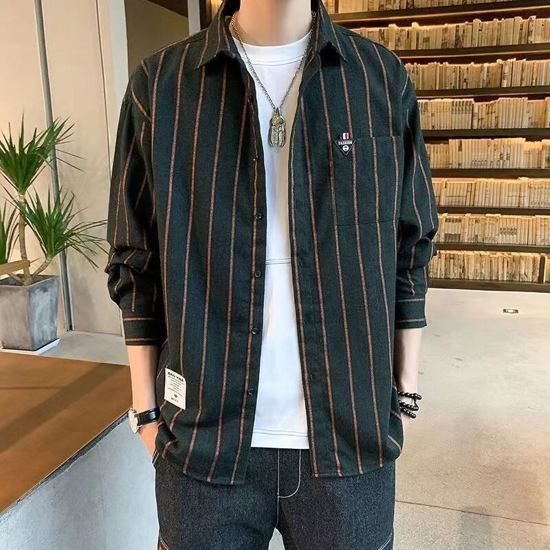 【秋季新品】大碼襯衫 休閒襯衫 長袖襯衫 男長袖襯衫寬鬆型韓版潮流磨毛格子高階襯衫寬鬆型男士外套春秋款