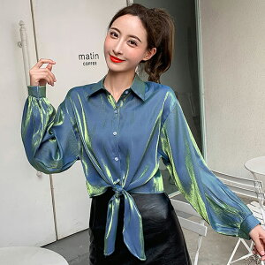 春季新款韓版Polo領人魚姬偏光長袖襯衫女設計感小眾綁帶襯衣1入
