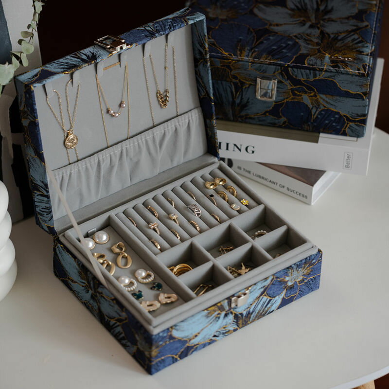 首飾盒 收納盒 高檔定制絲絨花色首飾盒 精致珠寶收納盒 手鐲戒指耳釘盒 子新婚禮物