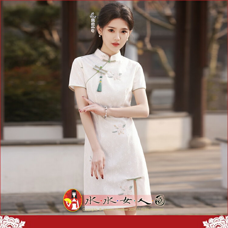 複合蕾絲繡花前開叉短款旗袍年春夏改良小個子少女中國風短袖立領優雅氣質女連衣裙洋裝-細愛-水水女人國