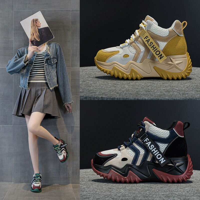 2023-99-2真皮女鞋2024年春秋新款鬆糕厚底內增高運動休