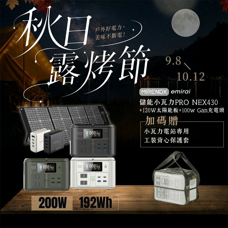 【露營趣】日本 Emirai 儲能小瓦力PRO NEX430+120W太陽能板 EMRS120 行動電站 行動電源 電池 發電板 儲電板 太陽能充電器 防災 野營