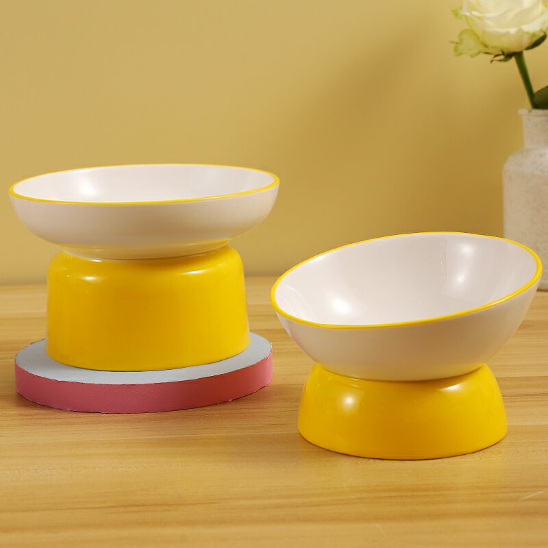 一套貓碗陶瓷 貓食盆 貓咪飯碗 喝水碗 糧碗狗狗高腳斜口碗 防打翻保護頸椎【倪醬小鋪】