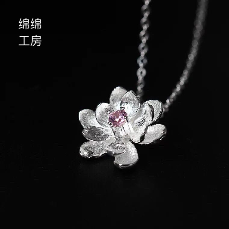 s925純銀清新自然鋯石蓮花項鏈 女款花朵鎖骨鏈飾品粉鉆甜美學生