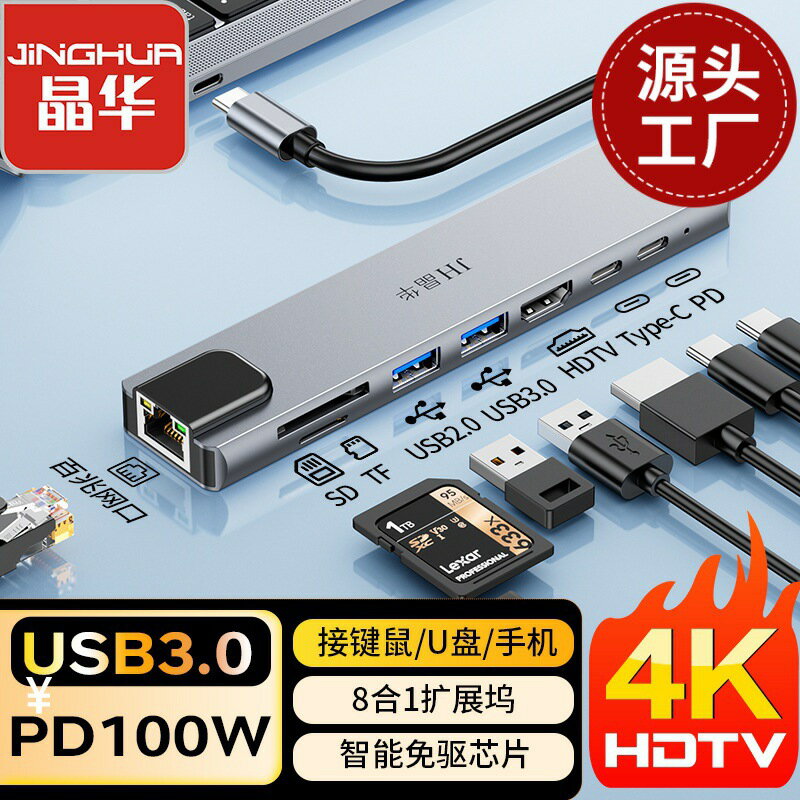 【八合一擴充套件】Type-C擴充套件塢 USB-C集線器 轉接器 多功能轉接頭 百兆網路孔 4K高畫質輸出 PD快充 USB3.1高速傳輸 筆電平板通用 輕巧便攜