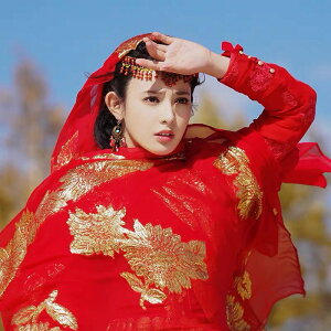 東宮小楓同款紅色披肩復古中國民族風金色印花大披風旅游拍照絲巾