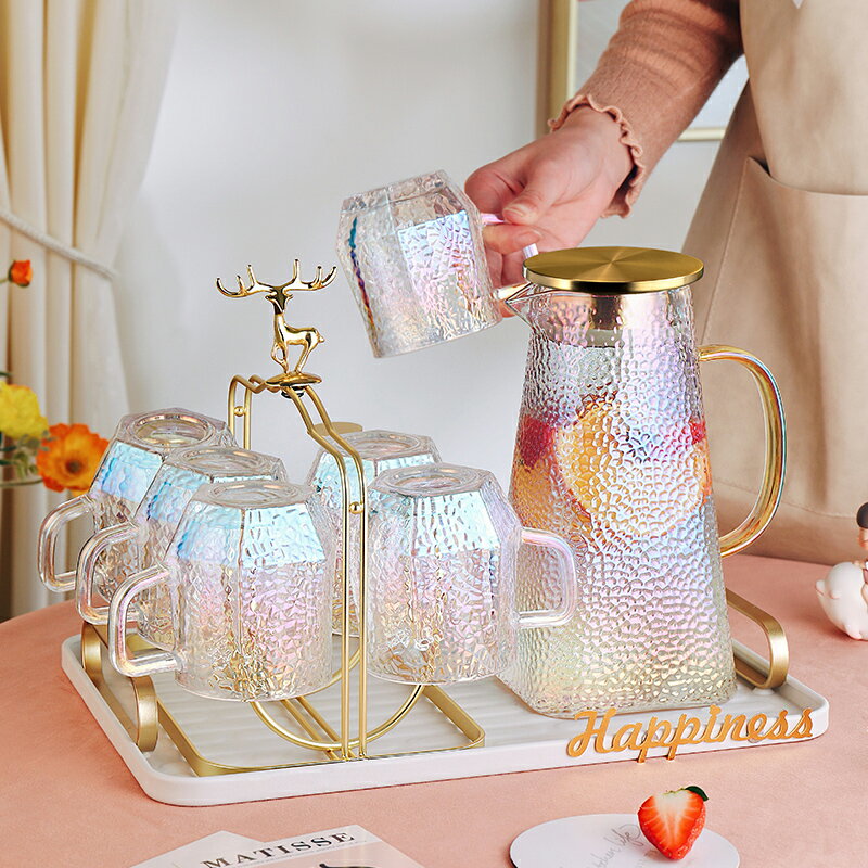 輕奢錘紋玻璃杯有手柄家用客廳耐熱茶杯茶幾杯子水杯水壺家庭套裝