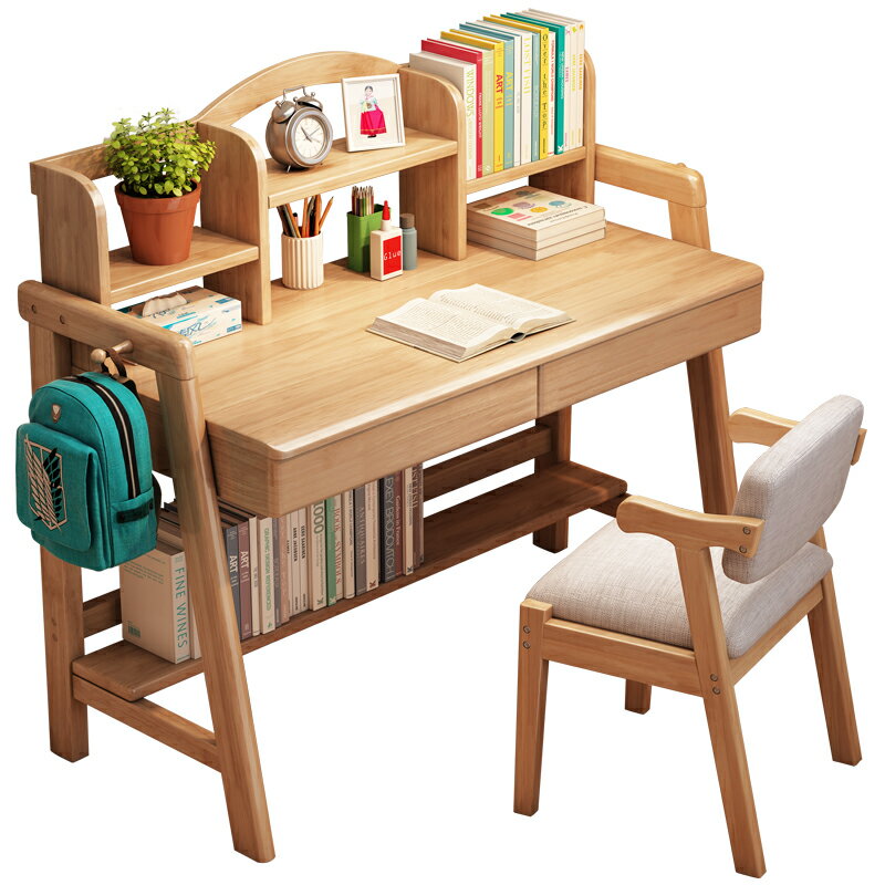 書架 ● 加厚實木 學習桌子小 可昇降寫字作業桌椅套裝女孩 家用 兒童書桌
