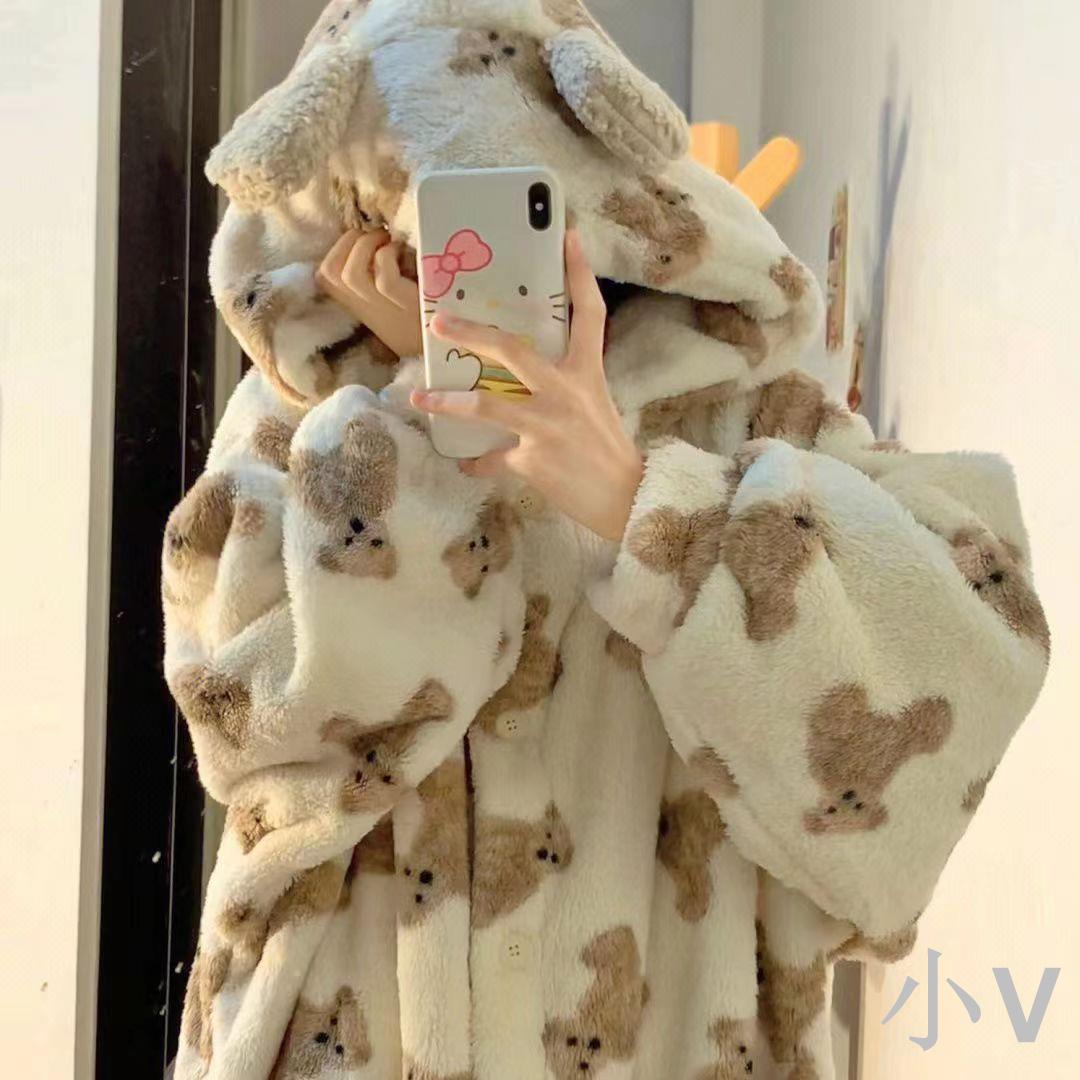 小V優購 小怪獸蘇利文睡袍加厚珊瑚絨長款少女小熊睡衣女冬款網紅家居服厚