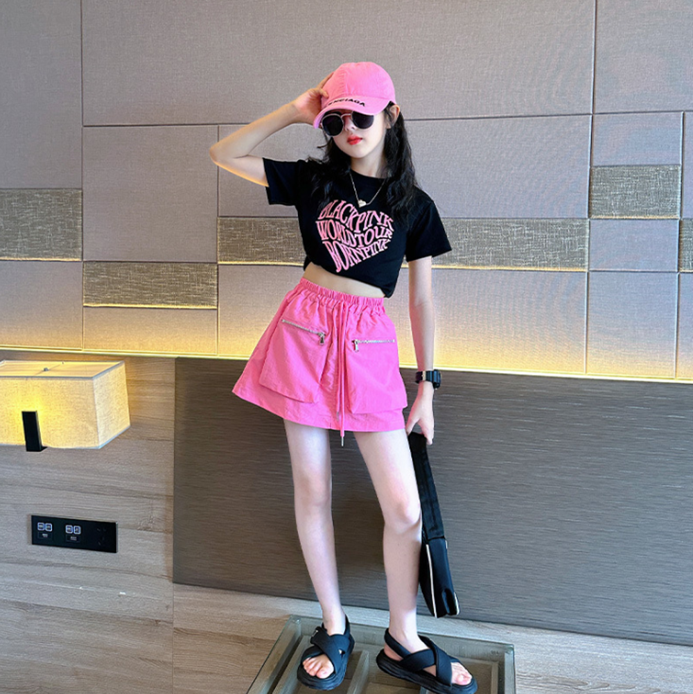女童童裝夏季新款時尚潮T/工裝裙兩件套 上衣 短裙 套裝HD031