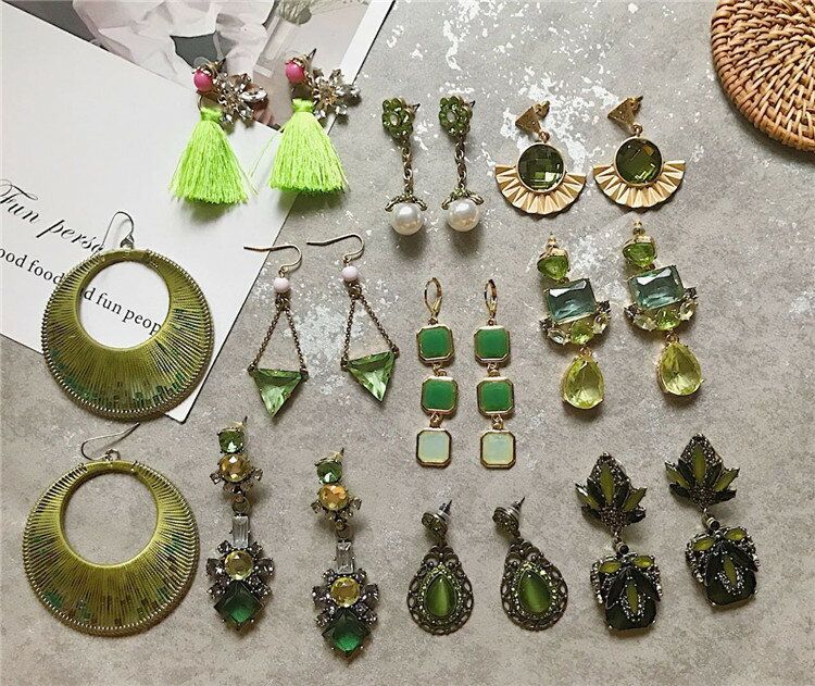 歐美風復古奢華誇張宮廷風氣質流蘇墨綠色寶石古董長款耳環耳飾女