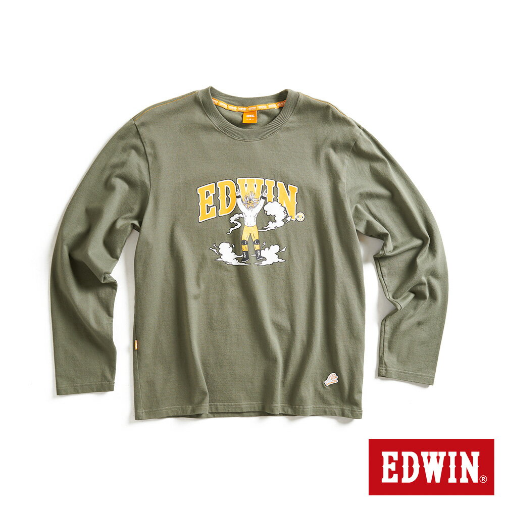 EDWIN 男款 橘標 假面摔角手E君印花長袖T恤(灰綠色)