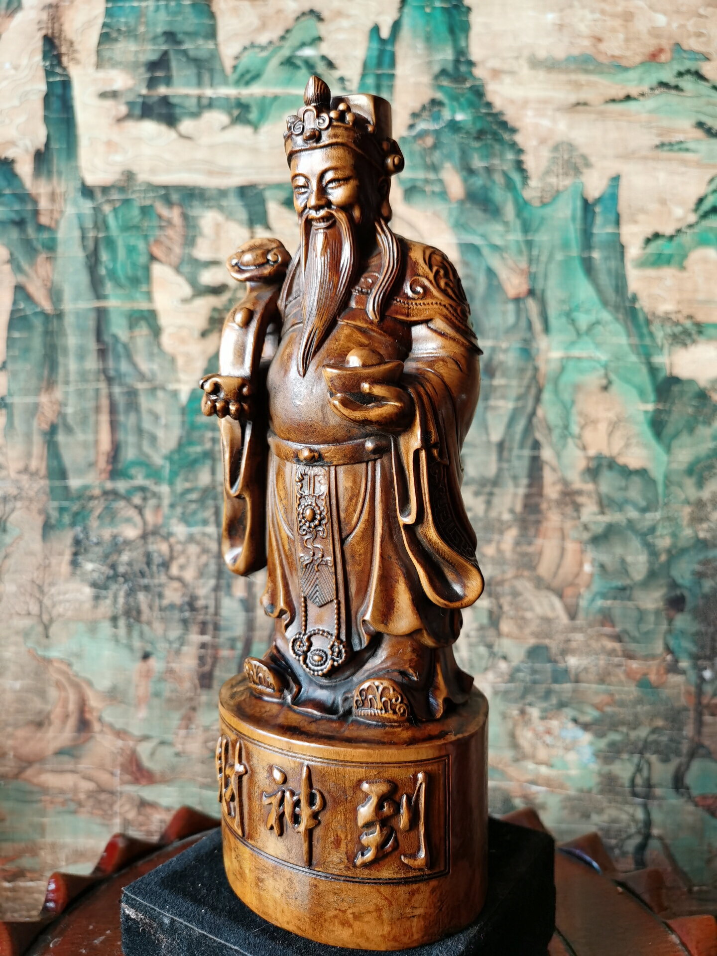 老黃楊木雕~財神爺，高21x8厘米，開臉生動慈祥，保真黃楊木