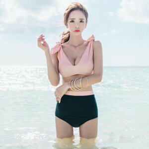 韓國新款分體兩件套高領保守氣質比基尼游泳衣女高腰大胸遮肚泳裝 【麥田印象】