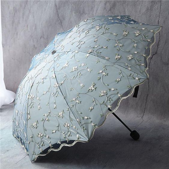 雨傘-沛欣遮陽傘女 復古網紗刺繡花朵雙層黑膠太陽傘三折疊晴雨傘兩用 【麥田印象】