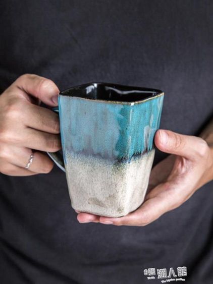 復古個性方形茶杯陶瓷杯子大容量馬克杯帶勺咖啡杯家用創意情侶杯 【麥田印象】
