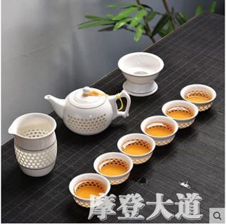 瀾揚創意家用玲瓏陶瓷功夫茶具套裝茶盤蓋碗茶壺泡茶杯簡約沖茶器 【麥田印象】