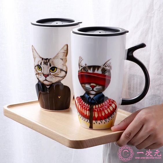 馬克杯貓咪大容量陶瓷馬克杯帶蓋可愛創意簡約辦公室家用喝水杯子墨色 【麥田印象】