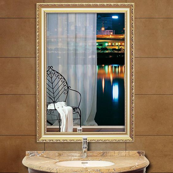 歐式粘貼浴室鏡子貼墻化妝鏡洗手間廁所梳妝鏡帶框衛生間鏡子壁掛 【麥田印象】