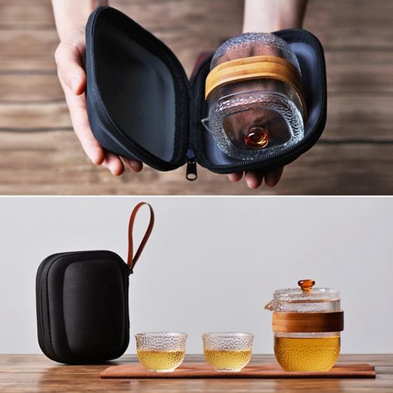 旅行茶具套裝便攜包一壺二杯戶外旅游快客杯玻璃泡茶器迷你2人 【麥田印象】