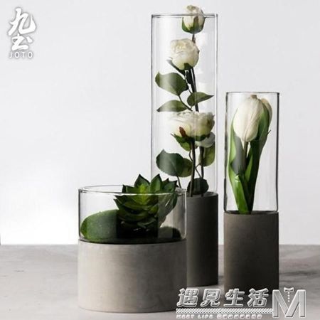 九土水泥花器玻璃花瓶直筒透明北歐客廳擺件插花水培玻璃多肉花盆 【麥田印象】