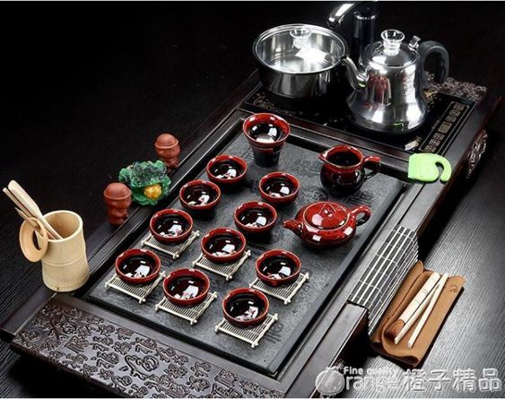 功夫茶具套裝家用簡約整套紫砂陶瓷四合一體電磁爐全自動實木茶盤 【麥田印象】