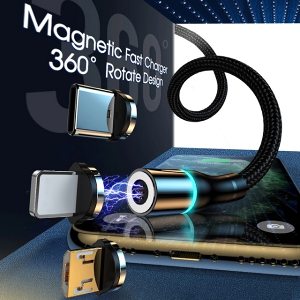 Type-C／Micro USB／Lightning 三合一磁吸充電線、2.4A、1m、黑色