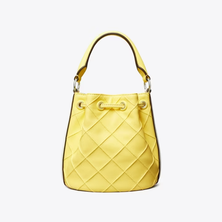 Tory Burch Mini Fleming Soft Patent Border Bucket Bag in Yellow