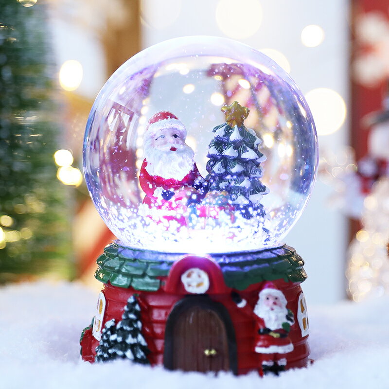 圣誕水晶球音樂盒圣誕老雪人自動飄雪帶燈旋轉創意生日禮物音樂盒