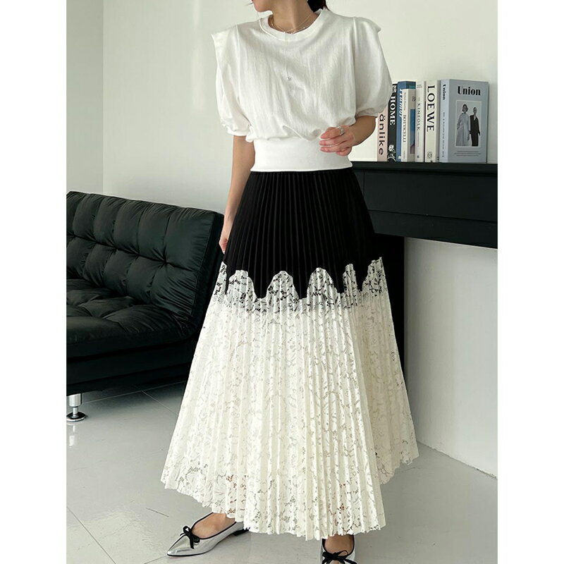 ANNAS 正韓拼接蕾絲百褶裙 百折裙 黑白撞色長裙 韓國裙子 精緻重工設計感 婚禮穿搭 7