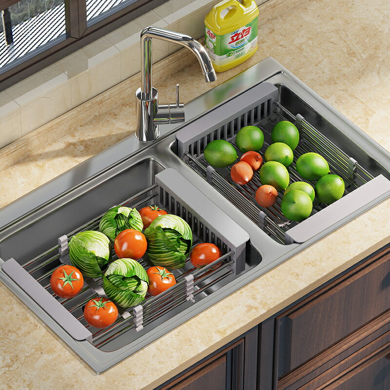 廚房伸縮瀝水架不銹鋼水槽置物架碗碟架碗筷架水果蔬菜收納籃家用