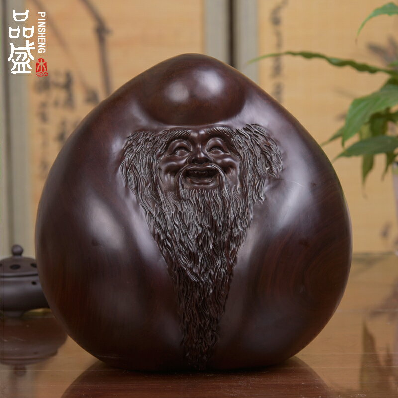 黑檀木雕福壽桃擺件老壽星紅木工藝品 送長輩老人祝壽生日禮品1入