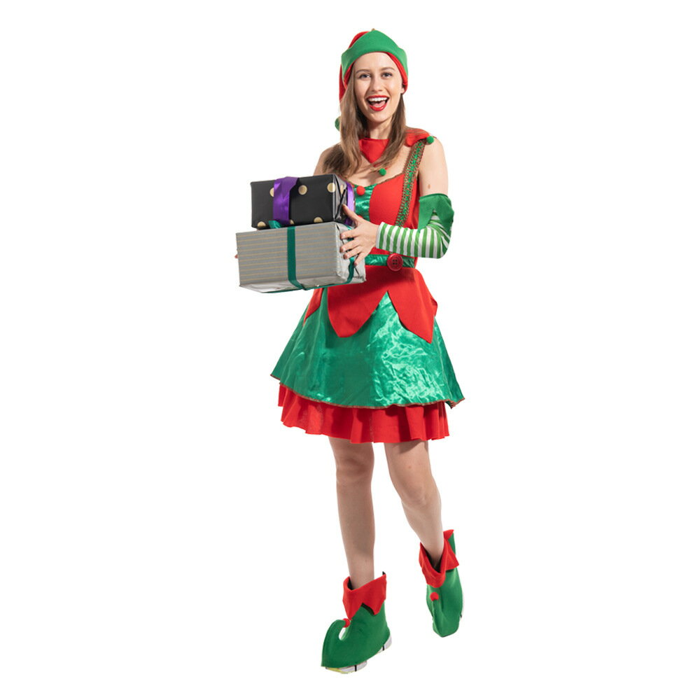 免運 聖誕節服飾 2021新款圣誕節服裝大女條紋圣誕精靈女裝套裝節日派對狂歡扮演服 聖誕節套裝