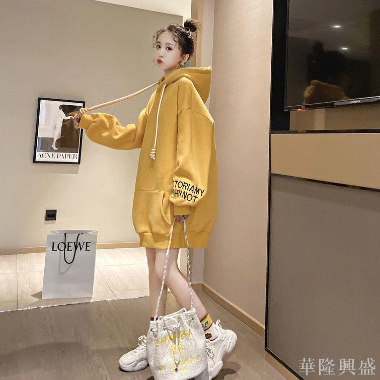 華隆 春秋款加絨加厚中長款衛衣女bf慵懶風學生韓版寬松ins網紅外套潮時尚女裝, 時尚T恤 衛衣