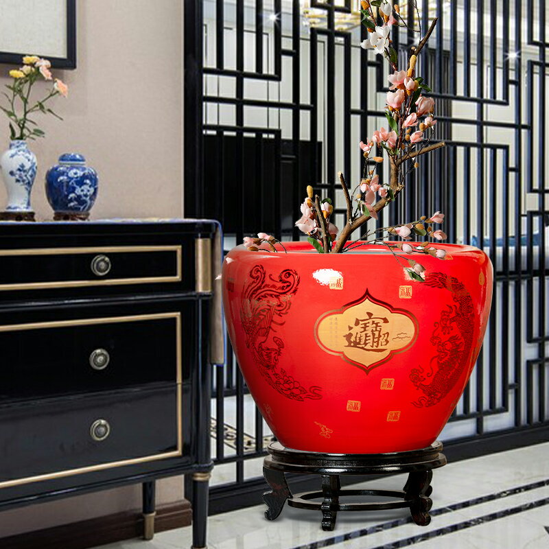 景德鎮陶瓷魚缸中國紅客廳家用大型內飾造景擺件庭院戶外裝飾加厚 4