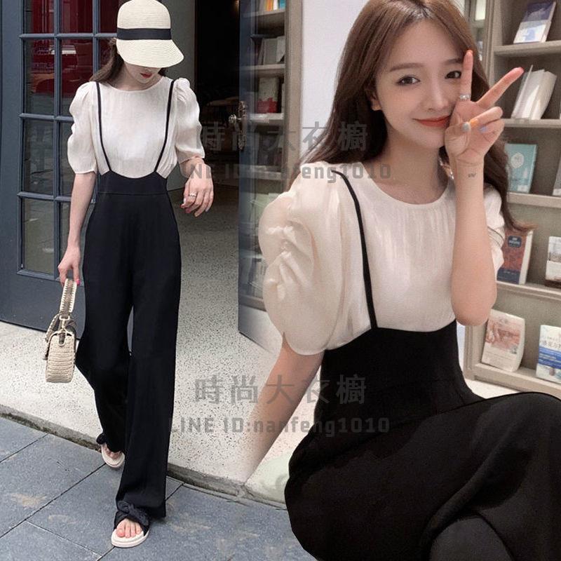 時尚套裝女短袖褲裝韓版氣質泡泡袖高腰背帶褲顯瘦兩件套【時尚大衣櫥】 0