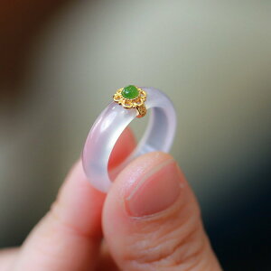 國風天然白瑪瑙指環玉髓搭配S925銀鑲嵌碧玉女戒指首飾小眾設計