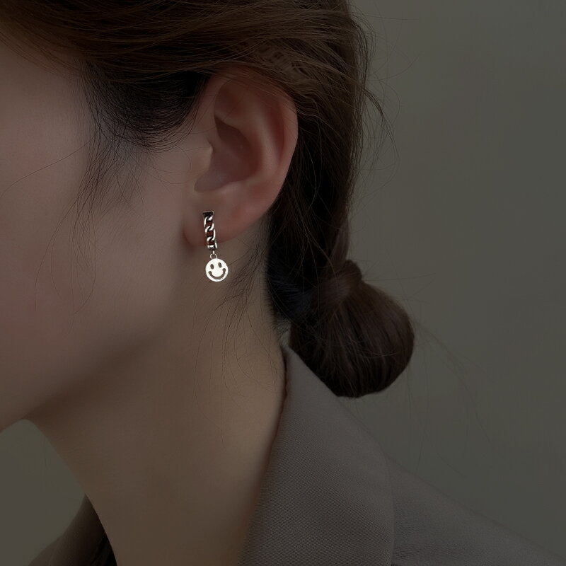 925純銀笑臉耳環女年新款潮復古泰銀耳墜冷淡風耳圈鏈條耳飾 2