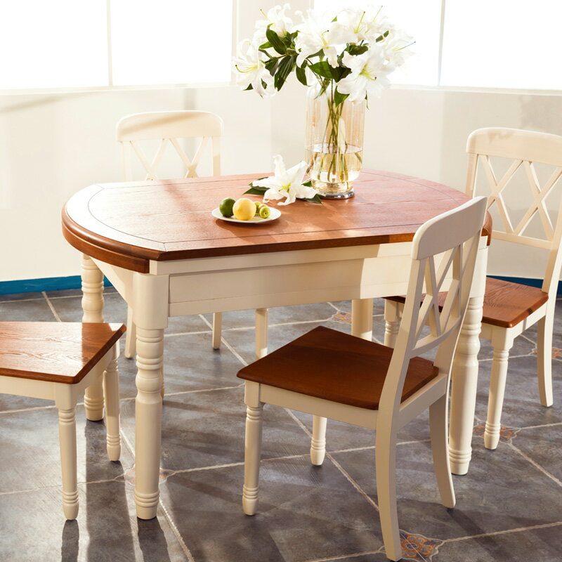 美式鄉村實木餐桌椅組合折疊伸縮戶型歐式田園地海飯家用